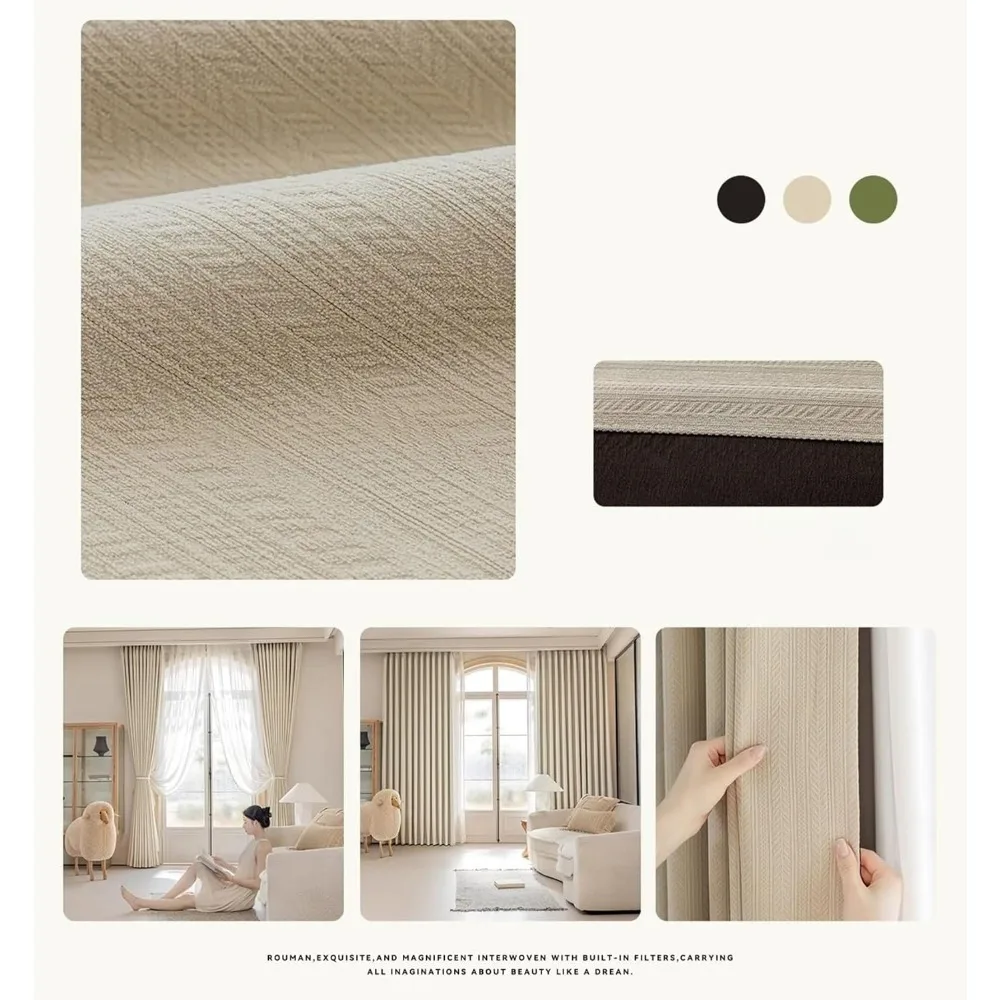 Cortinas opacas de color sólido con aislamiento térmico para dormitorios, cortinas con gancho plisado de chenilla, beige y blanco con ahorro de energía