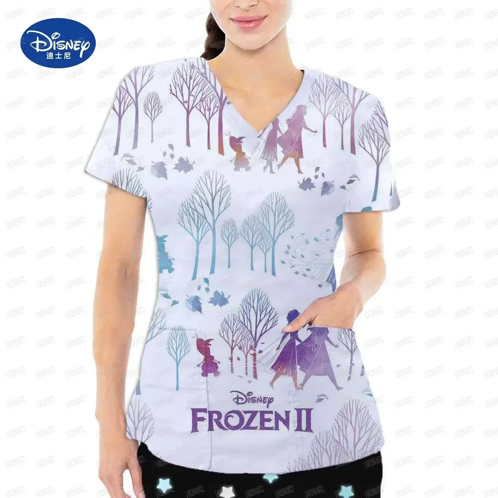 

Women's Short sleeved T-shirt Disney Princess Print Cartoon Clinic Pharmacist Summer Short sleeved Veterinary Cleaning Uniform