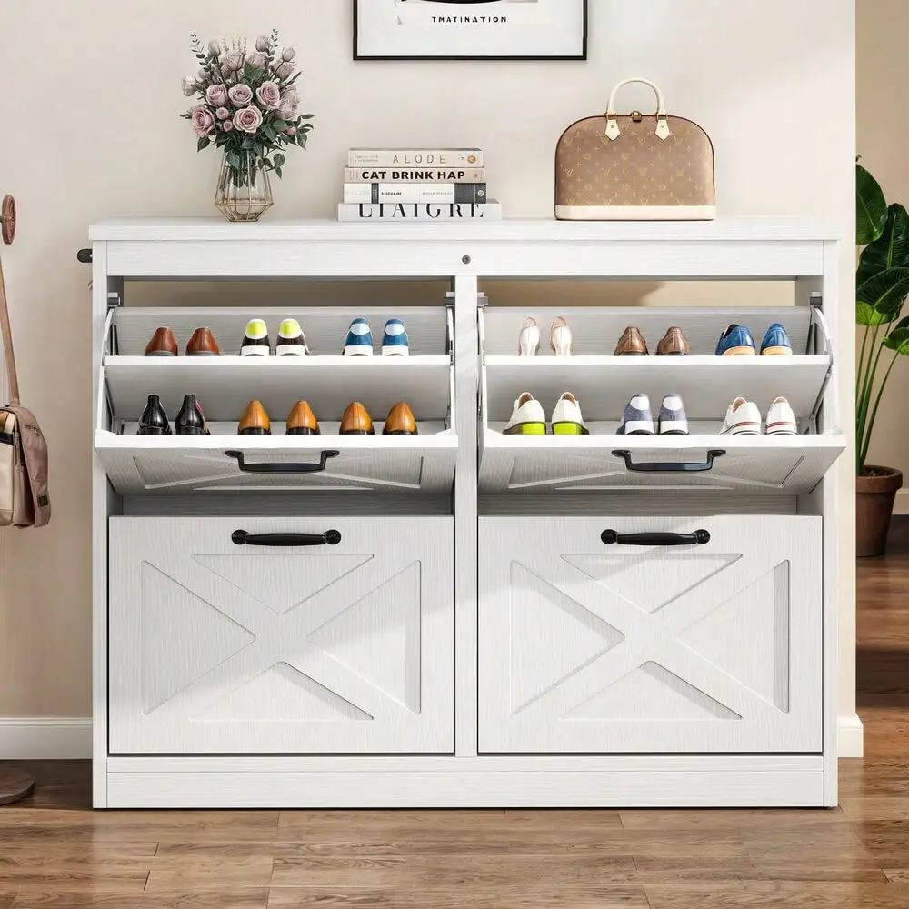 White Shoe Cabinet with 4 Flip Drawers Entryway Hallway Shoe Storage Organizer