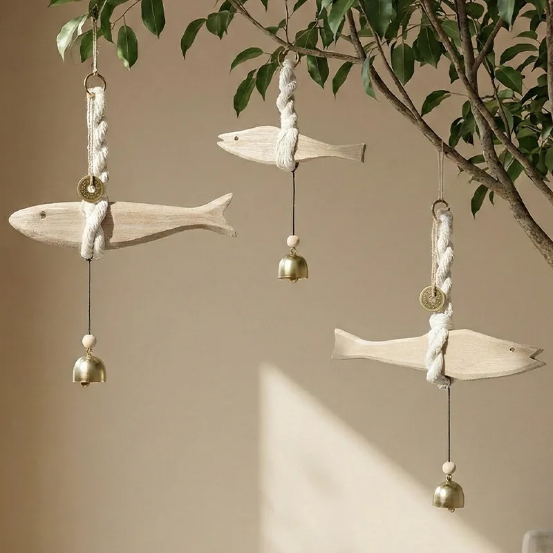 Mediterranean-Style Wooden Fish Wind Chime Wooden Fish Ornament Wall Decor Fish-Shaped Wind Chime Creative Home Decor