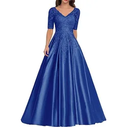 CustomizedSexy V-neck Applique Satin Graduation Dresses Solid Half Sleeves Bridesmaid Dress Elegant Slim Waist Slit A Line Vesti