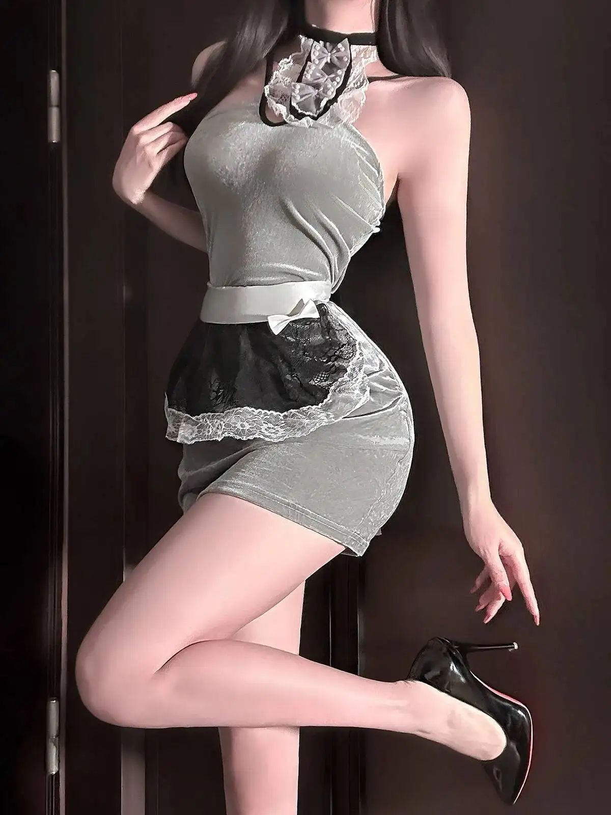 Seksowna Urocza Słodka Strój Pokojówki Czysta Pożądanie Kobieca Sukienka Styl Bojowy Czysta Pożądanie Sukienka z Koronkowym Wykończeniem i Kokardą Fartuch Urocza VQEB