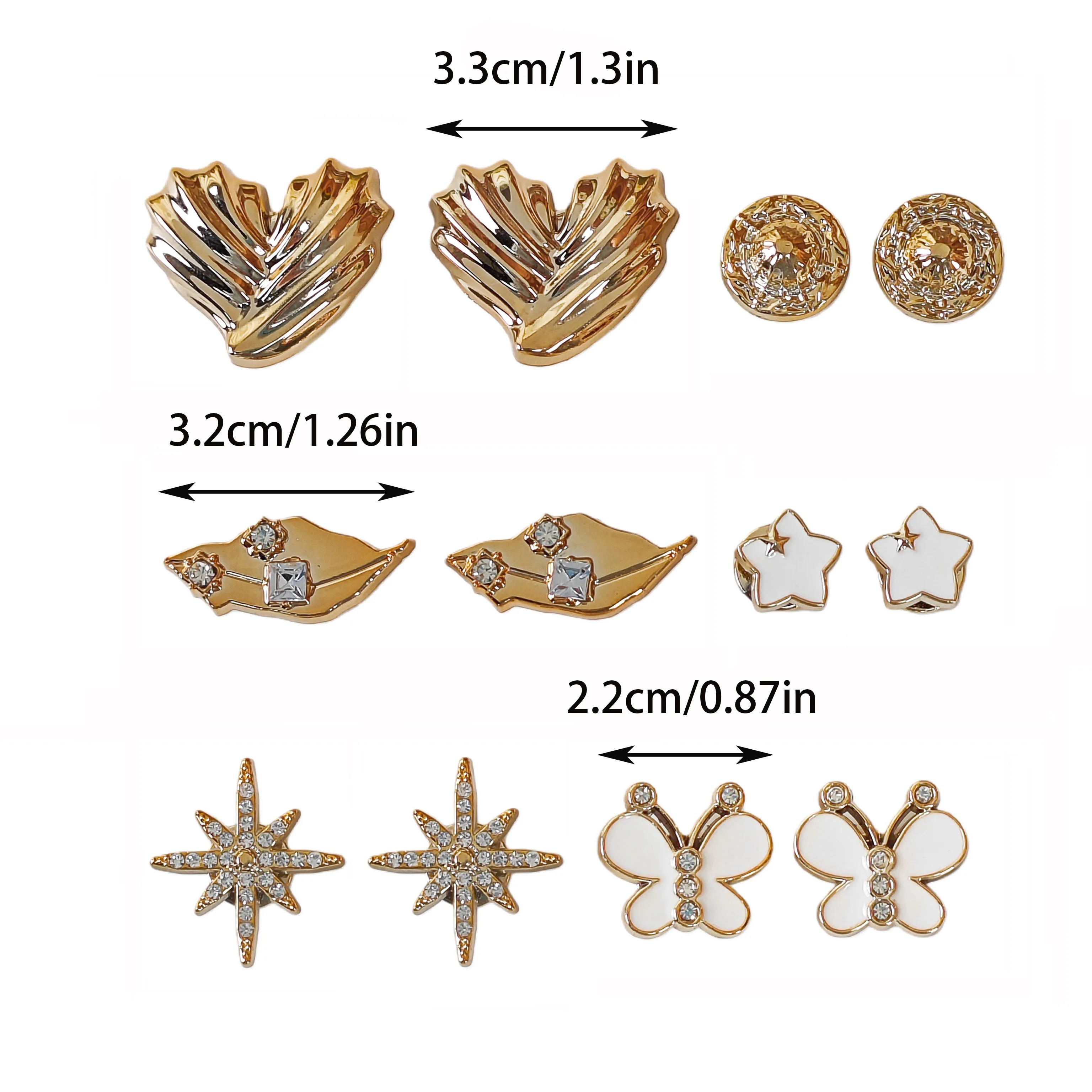 12Pcs DIY Shoe Decoration Charms Shiny Hearts, Stars, Butterflies, Leaf Decorations Non-Metal Lightweight Material Y2K Fashion Versatile Cute Personalized for Men and Women Suitable for Eva Beach Shoes, Sandals, Removable Shoe Decoration, Holiday Gift