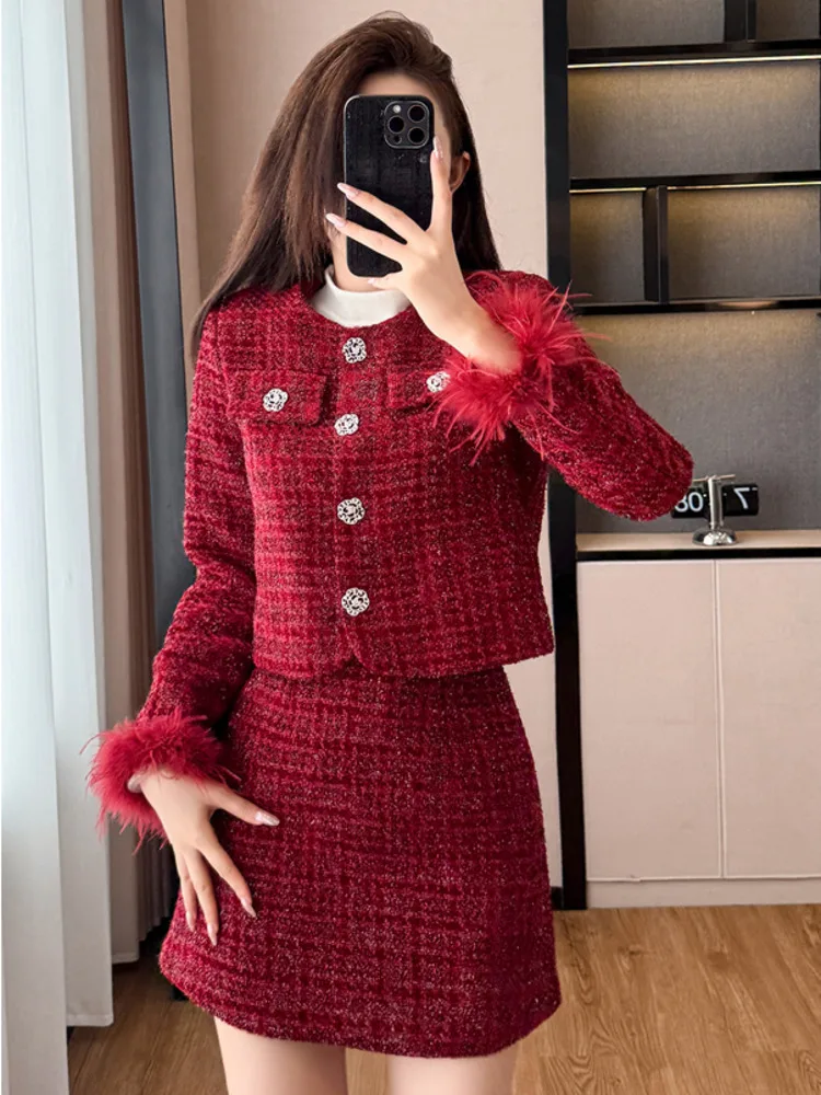 

High Quality French Luxury Tweed Two Piece Set Women Fashion Jacket Coat + Skirt Suits Fall Winter Christmas 2 Piece Outfits