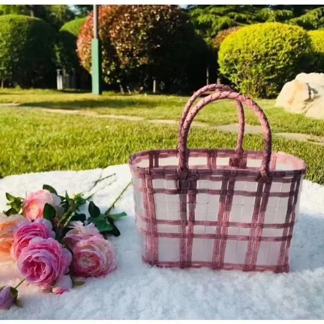 New Transparent Plastic Woven Bag Women Summer Beach Vacation Handbag INS Trendy Shopping Basket Wrist Bag Shopping Street Bag