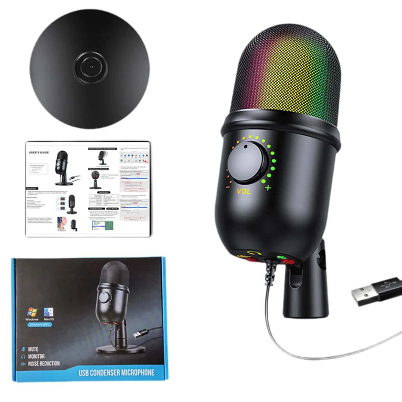 USB Microphone Professional Noise Reduction with RGB Light Gaming USB Microphone