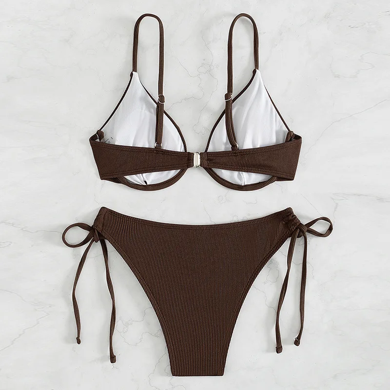 Steel Tray Sexy Gather Backless Swimsuit Solid Color Lace-up Bikini Women  بيكينيات Swimwear Tankini Swimsuits Women