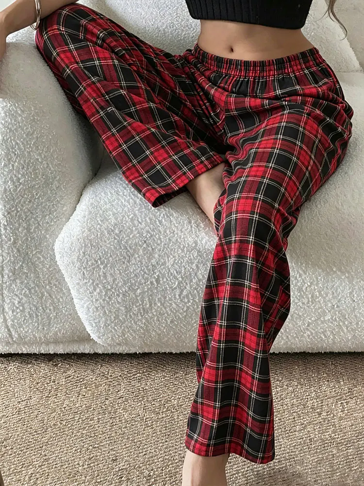 

2026 New Red Black Plaid Pajama Pants Soft Breathable Cool Drape Loose Casual Homewear High Stretch Womens Sleep Leggings