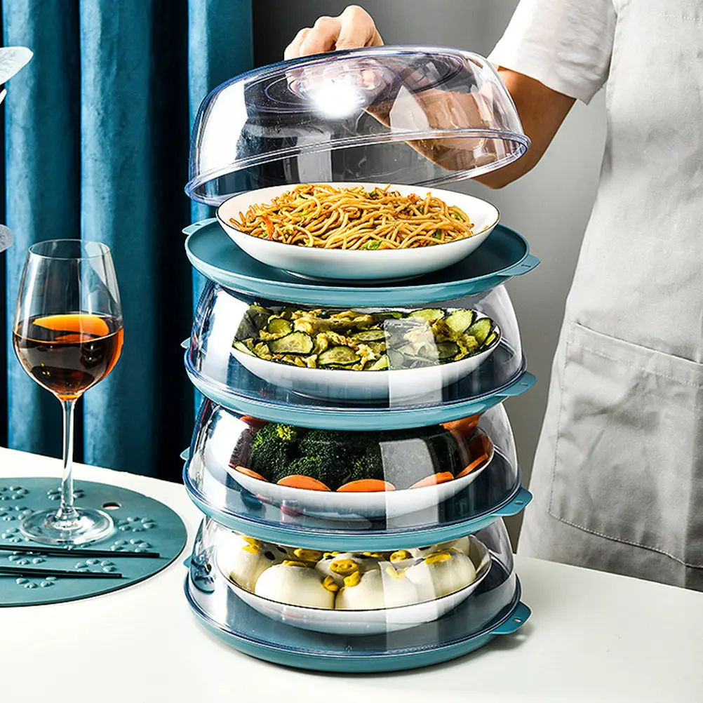 Plastic Plate Cover Double Tier Non-Slip Handle Clear Food Protector for Kitchen Fresh-Keeping Stackable Microwave Food