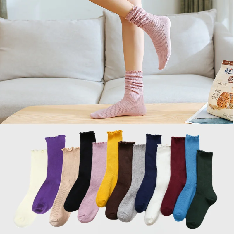 Women's Cotton Stackable Socks Mid Calf Solid Color Ruffle Trim Vintage Style All Season Casual Socks EU 35-40 (1 3 5 Pairs)