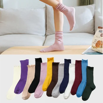 Women's Cotton Stackable Socks Mid Calf Solid Color Ruffle T...