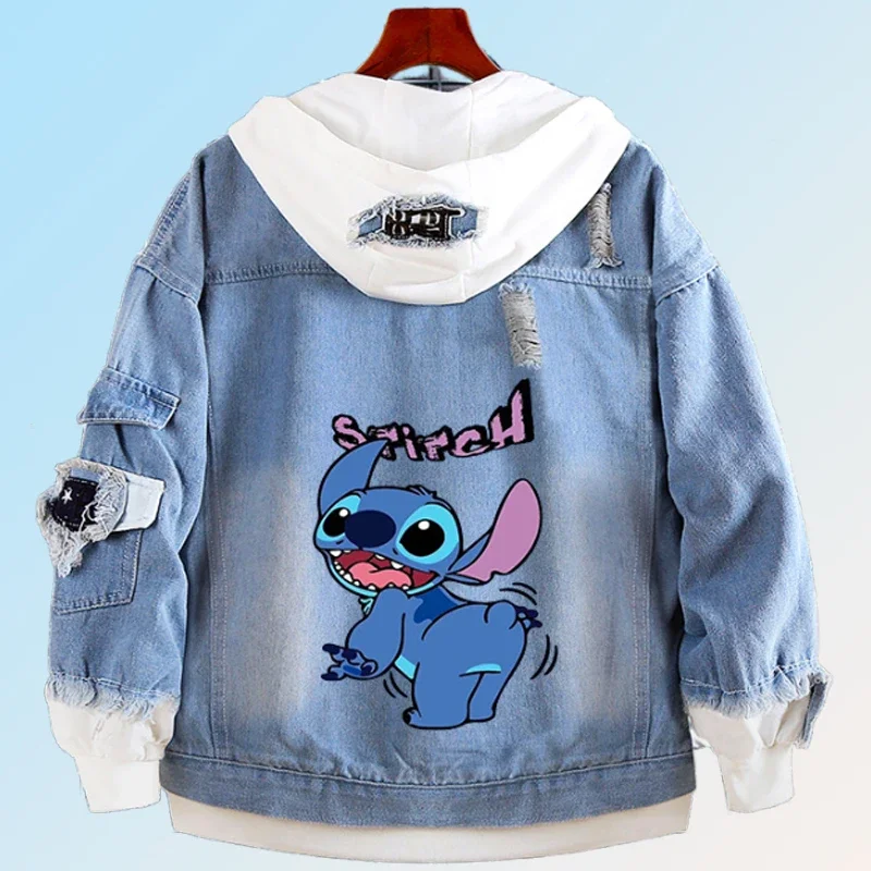 

Джинсовая куртка Disney Lilo and Stitch, весенне-осенние толстовки с героями мультфильмов, детские пальто с капюшоном, модная повседневная уличная одежда для взрослых
