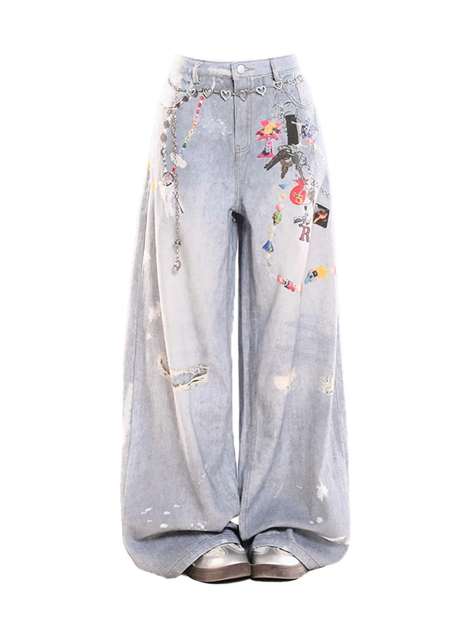 

Women Blue Y2k Graffiti Print Jeans Japanese 2000s Style Baggy Denim Trouser Harajuku Vintage Oversize Hip Hop Jeans Pants 2025
