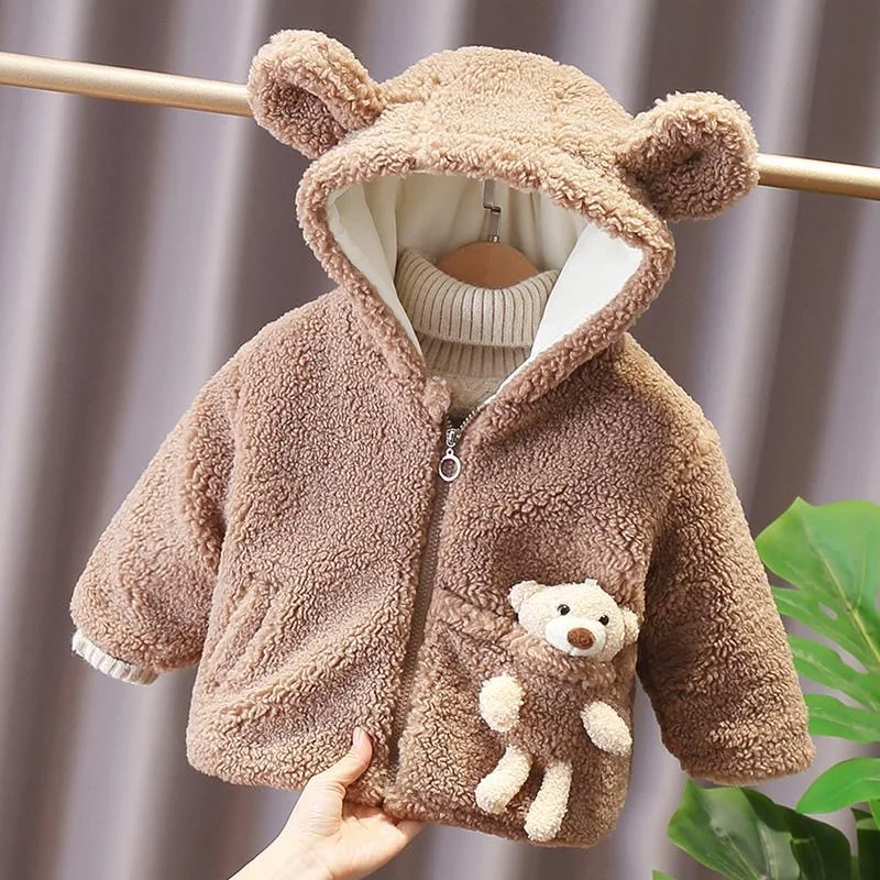 1 2 3 4 5 6 Years Baby Boy Jacket Winter Thicken Warm Hooded Children\'s Outerwear Cute Bear Plush Coats For Toddler Girl Clothes