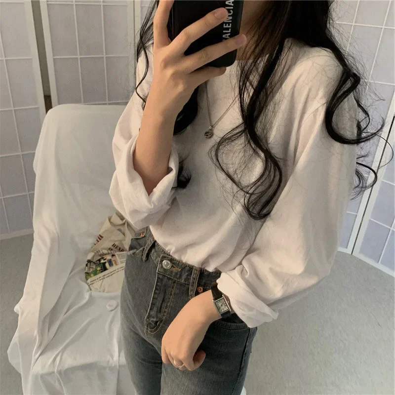 2024 herbst Koreanische Mode T-shirt Frauen Langarm Winter Y2K T Shirt Femme Lose Grund Feste Kleidung Frauen Tops Vintage