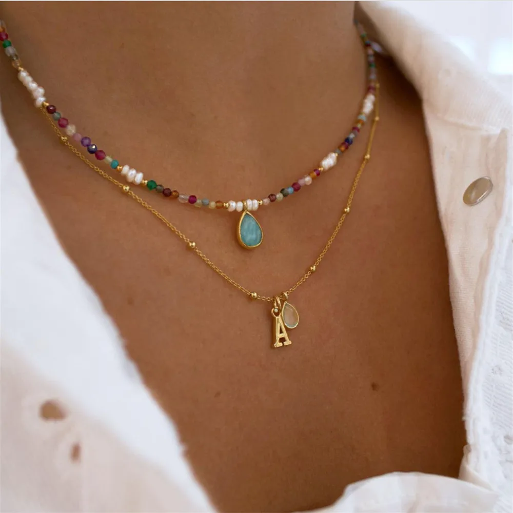 Vintage Color Bead Pearl Artificial Pearl Letter Pendant Chain Necklace For Women Female Fashion Multiayer Boho Choker Jewelry