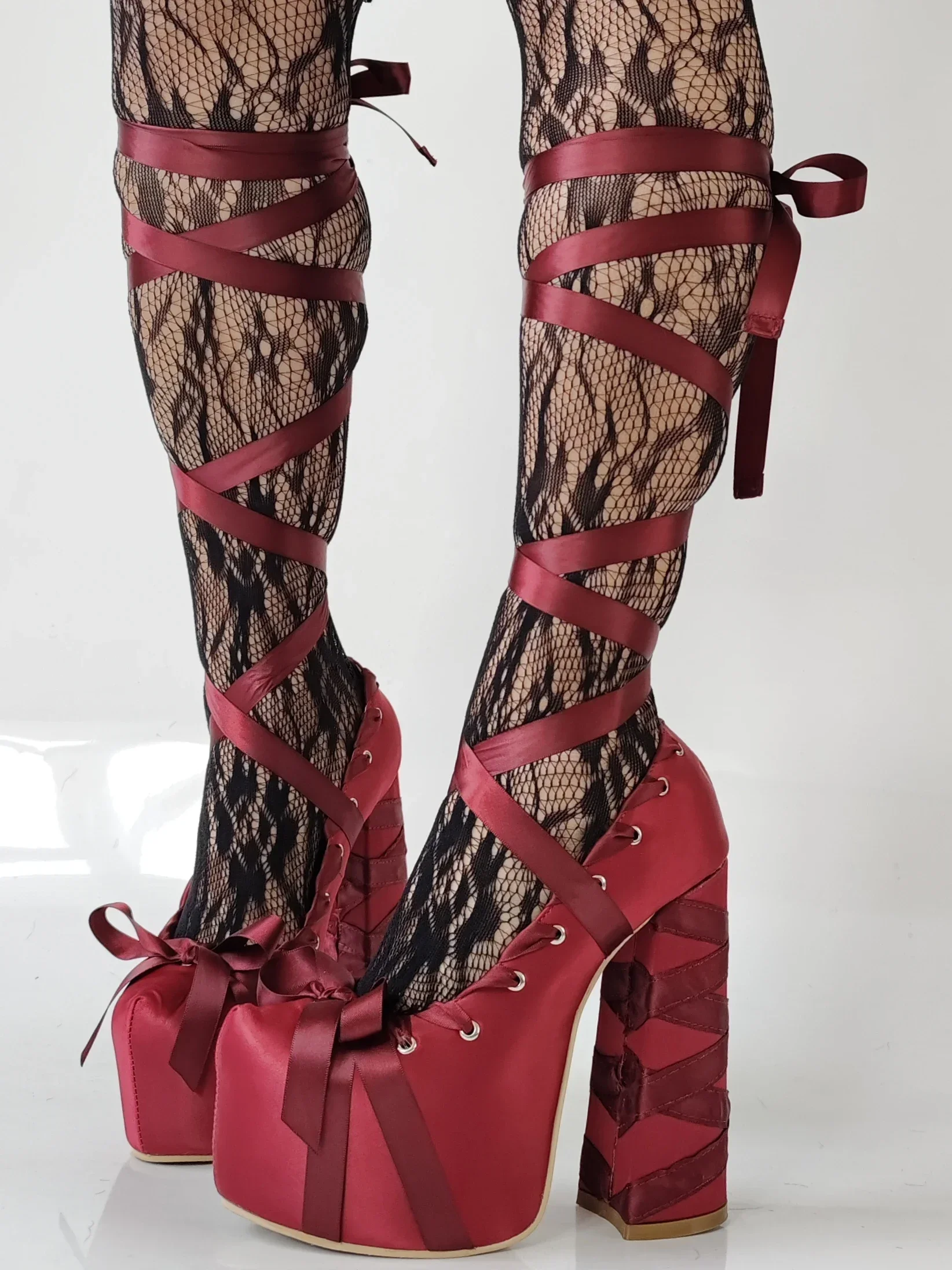 2025 New Lolita Pink Sandals Sweet Strappy Platform Thick Heel Large Size 47 Women's Pumps Satin Bow Tie Lace-Up Fashion Sandals