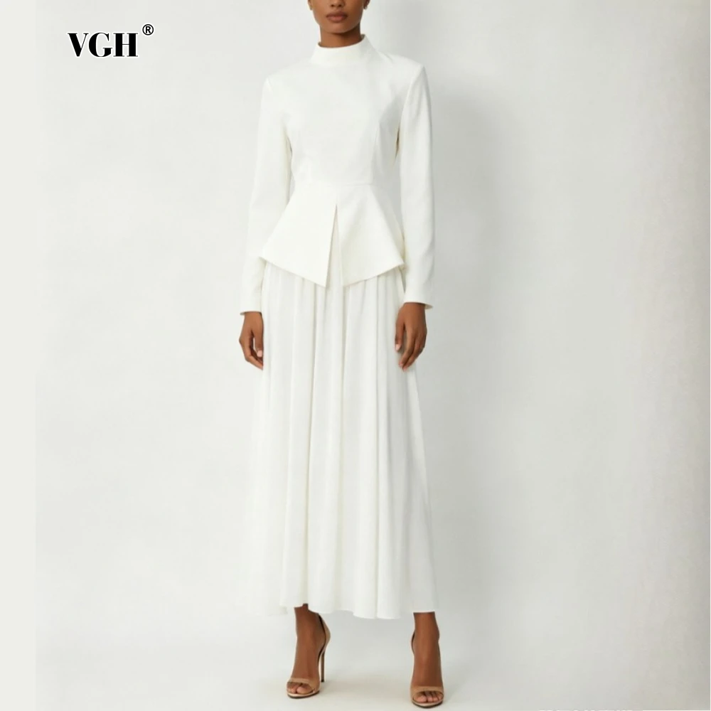 VGH White Maxi Dresses for Women High Mock Collar Long Sleeve Formal Office Pleated Flowy Skirt for Wedding Guest Summer Fashion