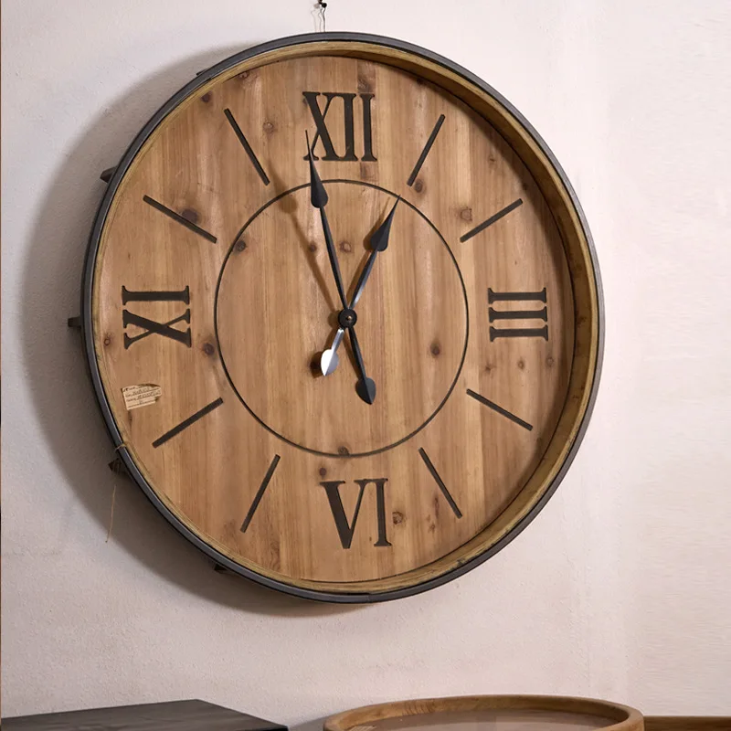 European and American Wood and Iron Round Wall Clock for Home Decor Living Room Bedroom Office For Modern Rustic Industrial