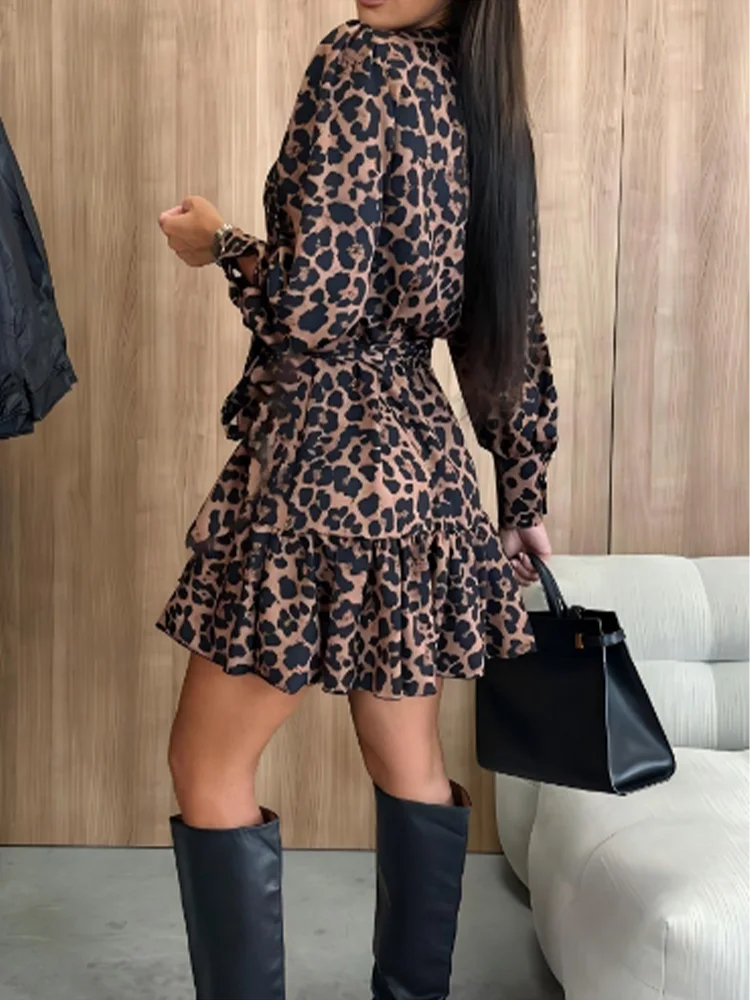 Sexy V-neck Bubble Long Sleeved Leopard Print Lace Up Women\'s Dress Elegant Dating Daily Versatile Autumn Dresses