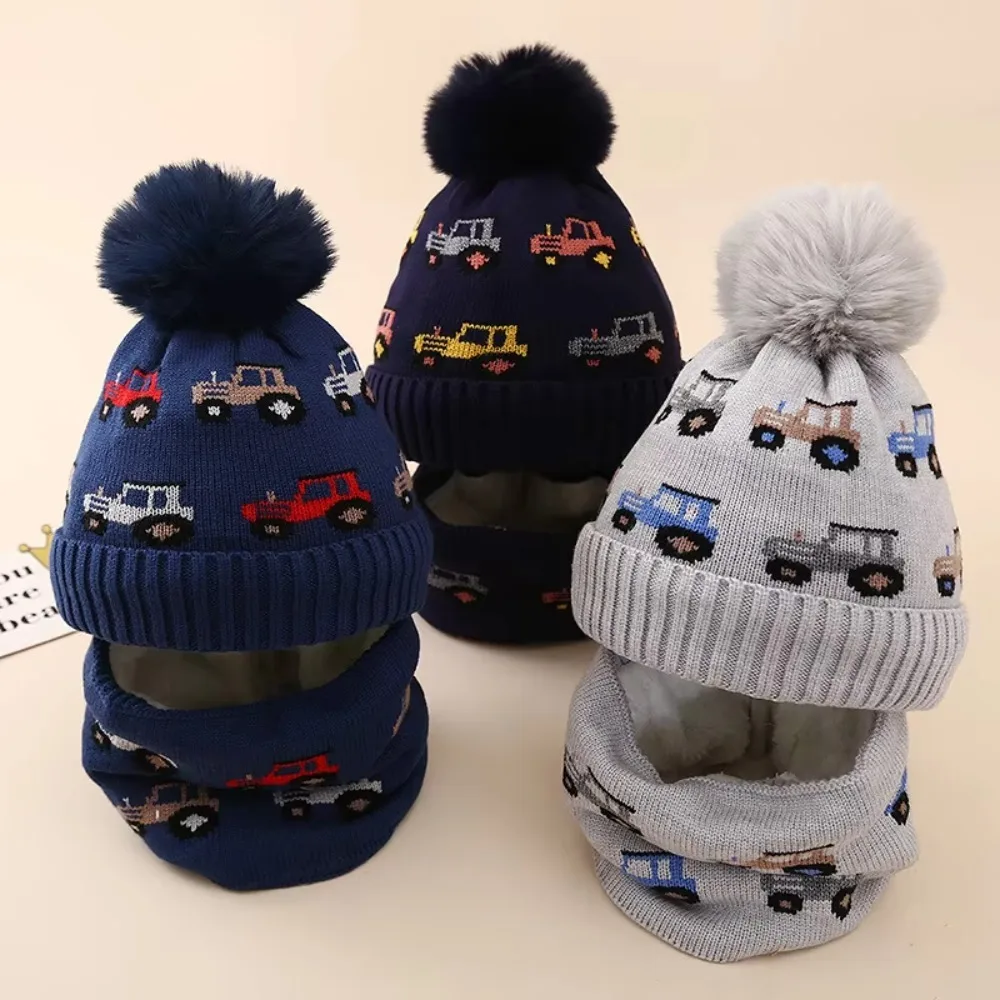 

Cute Car Pattern Kids Knit Hat Scarf Set Fleece Lining Ear Protection Knitted Cap Scarf Thickened Windproof Neck Warmer Kids