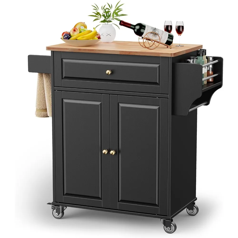 

Kitchen island cart with rubberwood top, 35.8" W, rolling on wheels, adjustable shelf, drawer, spice rack, towel bar