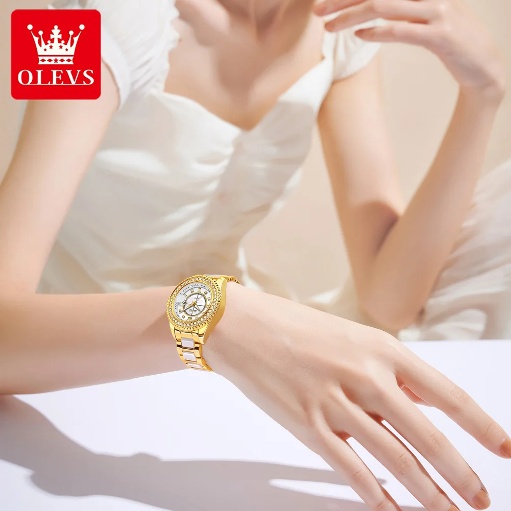 OLEVS 3685 Women Watch Original Elegant Quartz Watch Waterproof Luminous Steel And Ceramic Bracelet Date Watches For Women Gifts