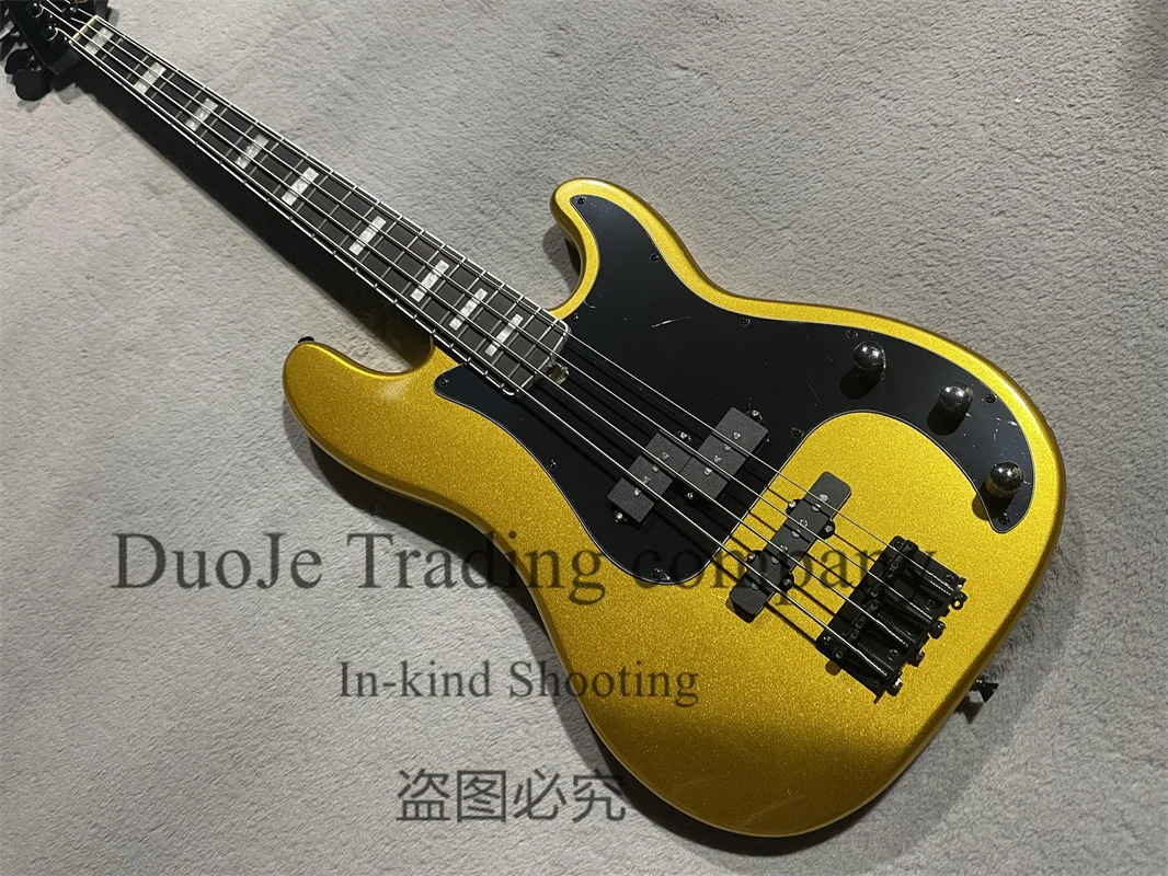 4 Strings Electric Bass Pre Bass Golden Body Rosewood  Fretboard Pearl Inlay Fixed Bridge Black Guard support customization