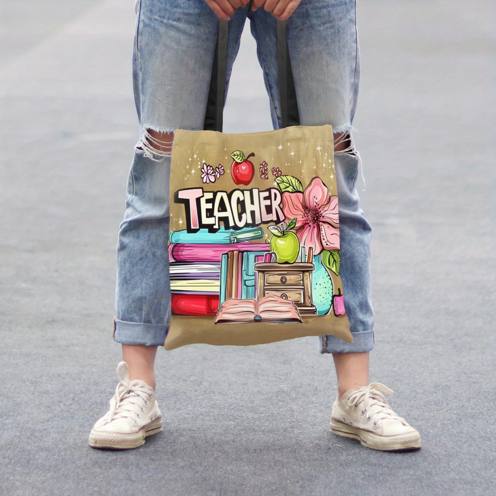 

A Set of One Cartoon-Themed Tote Designed for Teachers, Made from Lightweight Burlap, Perfect for Shopping, Travel, Or The Beach