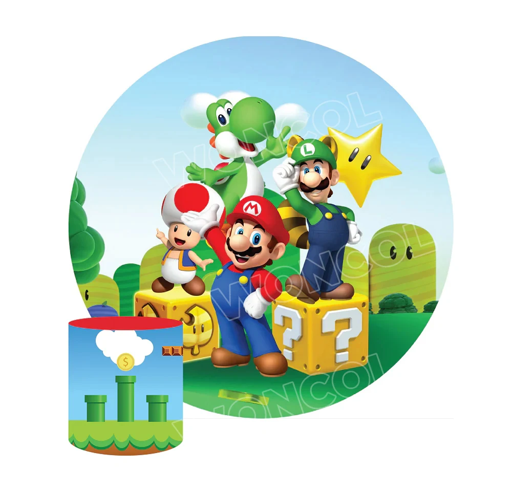 Super Mario Circle Backdrop Yoshi Toad Mario Luigi Background Super Mario Cylinder Cover Kid Birthday Party Decor Photo Prop