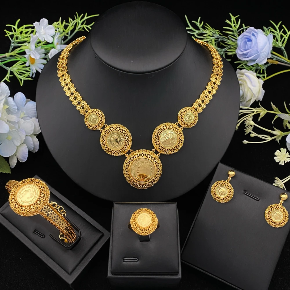 

Exquisite Human Head Gold Coin Gold Plated Brass Jewelry Set Premium Cut Craft Elegant Necklace Earrings Bracelet Ring Set