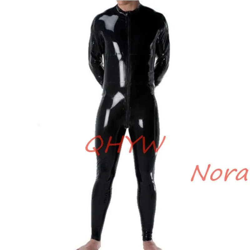 

Handmade Men Latex Catsuit Black Jumpsuit with Front Crotch Zipper Fetish Rubber Bodysuits