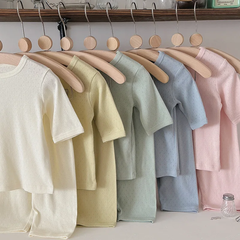 Korean Style Kids Pajama Set 100% Soft Cotton 3/4 Sleeve Cooling Sleepwear Unisex Baby Homewear & Air-Conditioning Nightwear