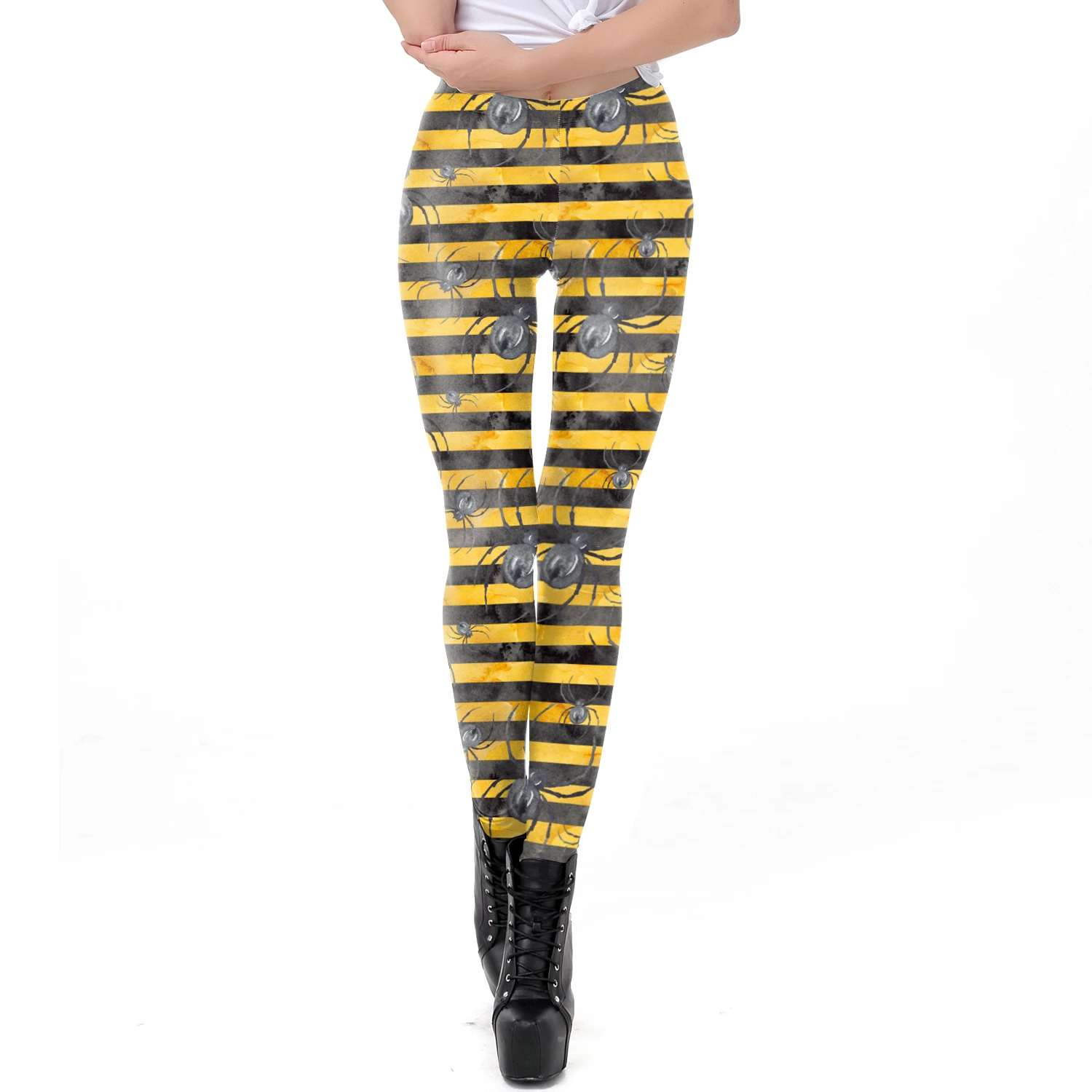 Halloween Black and Yellow Horizontal Stripe Spider Pattern Bottoms 3D Digital Printed Women's Casual Skinny High Waisted Pants