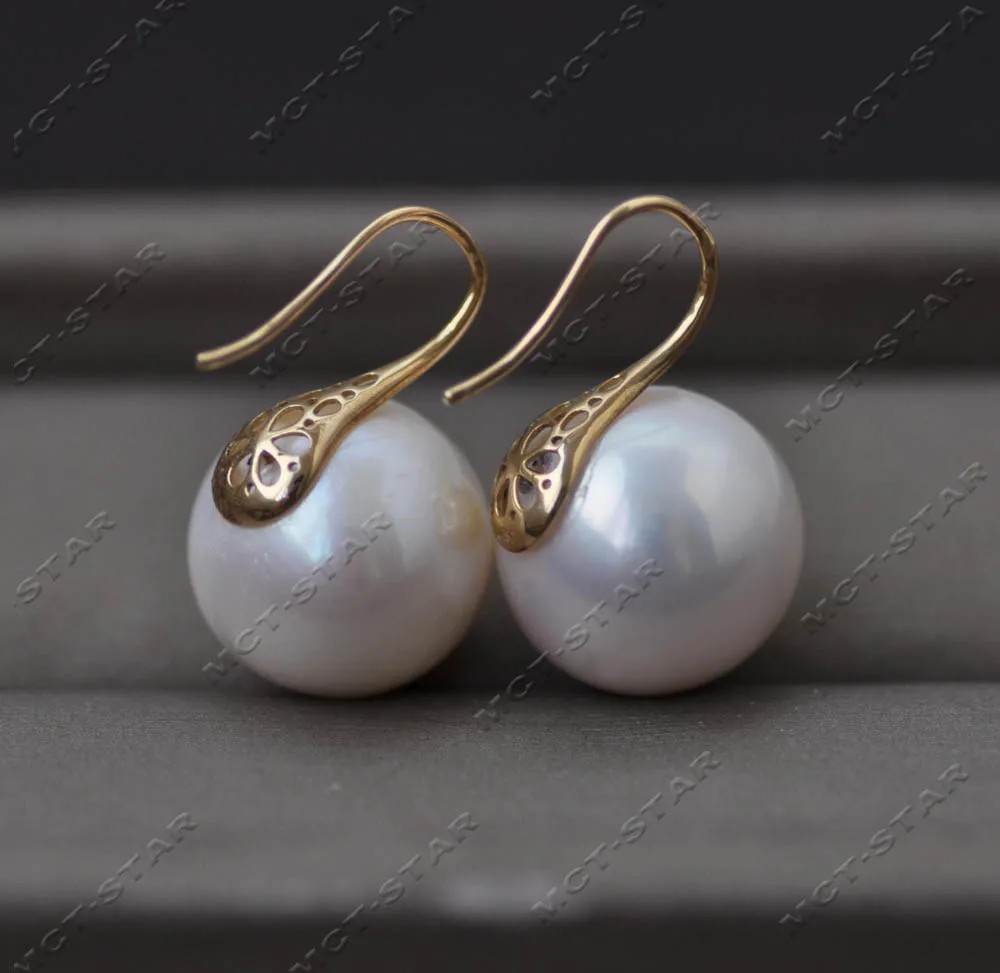 Z13299 A++ 14mm White Round Keshi Edison Pearl 14k Solid Gold High-heel Earring Custom Jewelry