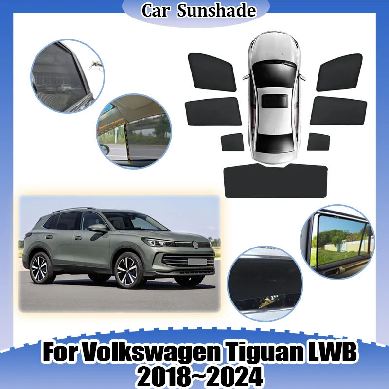 

Солнцезащитные шторки для Volkswagen VW Tiguan MK2 LWB 2018~2024, сетчатые шторки на окна, защита от УФ-излучения, солнцезащитные козырьки, шторки для конфиденциальности, автомобильные аксессуары