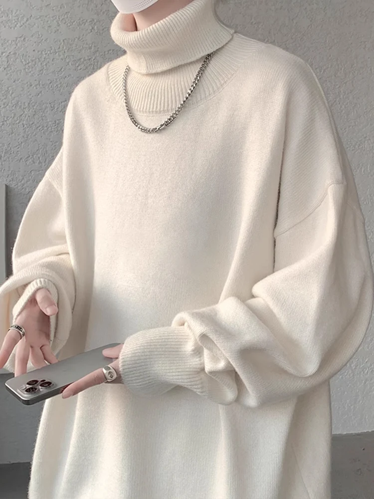 

Мужской зимний свитер свободного кроя с высоким воротником, чисто белый, вязаный, базовый слой, модный брендовый свитшот, повседневный, с длинным рукавом