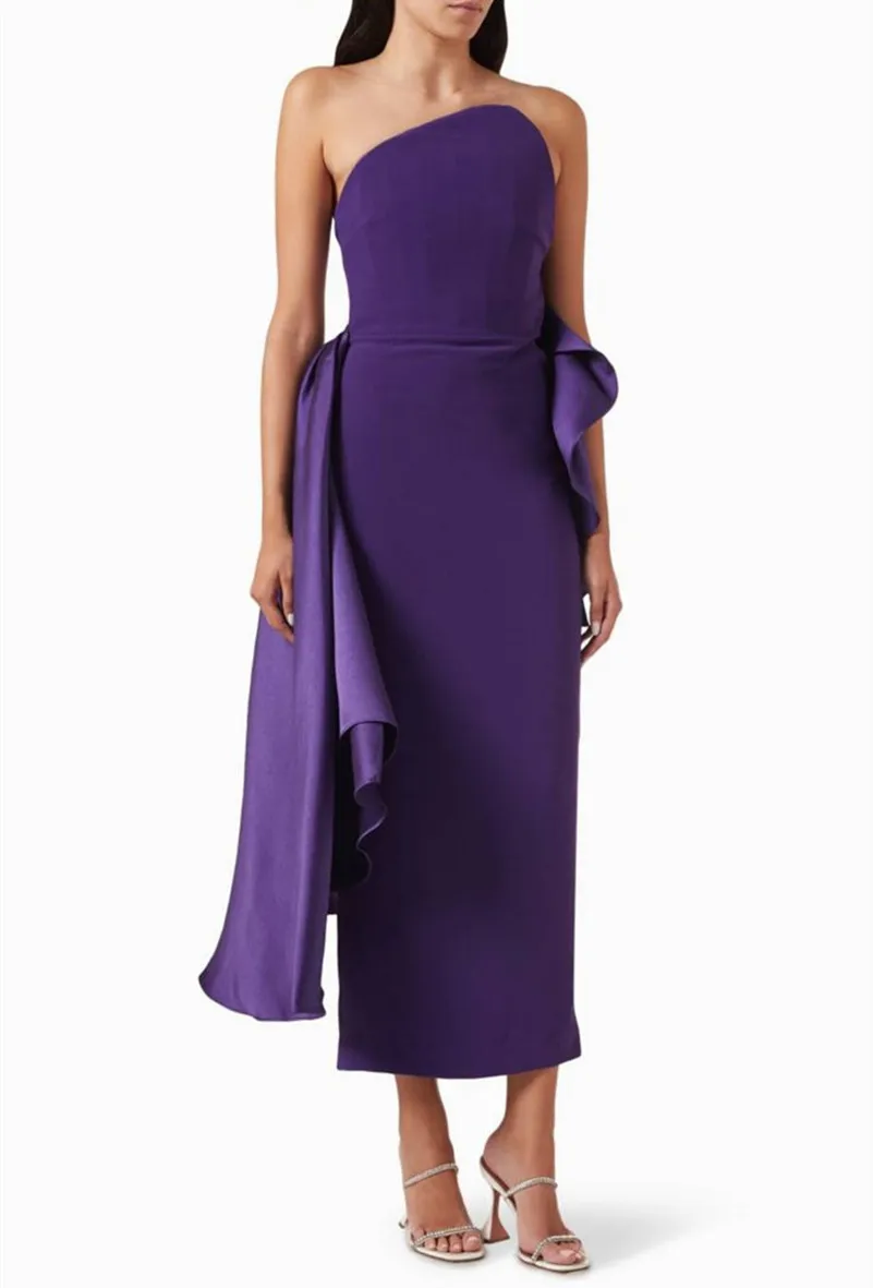 

Customized Short Purple Crepe Evening Dresses Mermaid Sleeveless Satin فساتين سهرة Tea Length Prom Dresses Abendkleid for Women