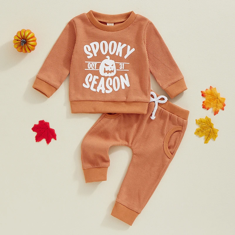 

Toddler Baby Boys Halloween Outfits Letter Pumpkin Print Waffle Long Sleeve Sweatshirts Long Pants 2Pcs Fall Clothes Sets