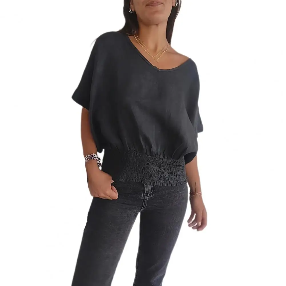 Camiseta con dobladillo plisado y cuello en V para mujer, ropa de calle elástica de manga corta, Top holgado de verano