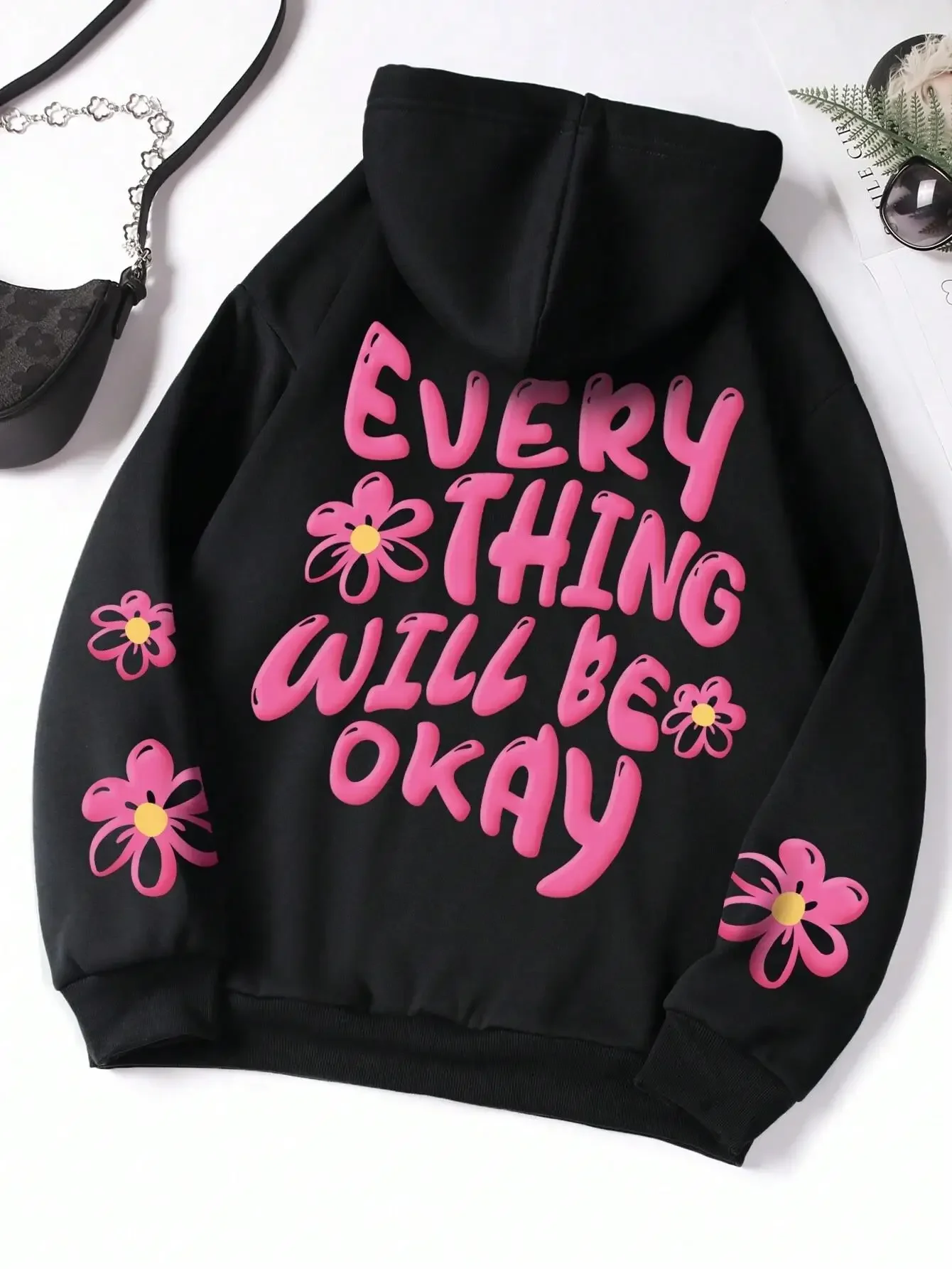 Every Thing Cuill Be Okay Letter Graphic Hoodies Female Warm Fleece Hoodie Hip Hop Oversize Hoody Fashion Loose Streetwear