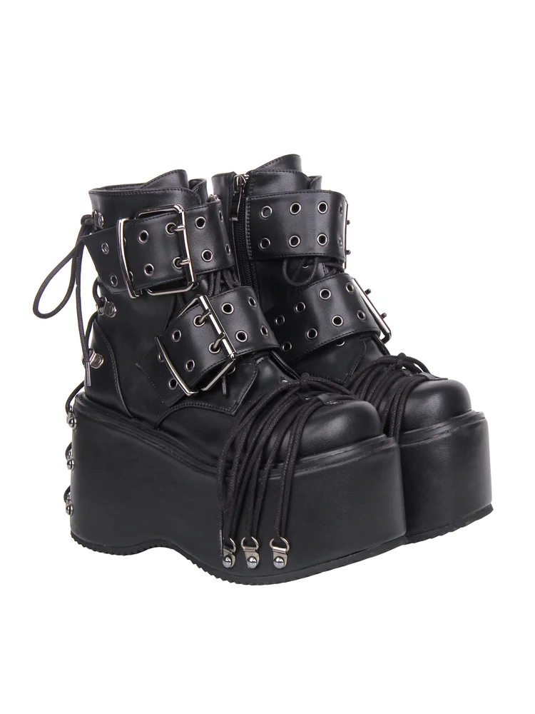 2025 New Punk Belt Buckle Heavy Industry Decorative Lace Boots Japanese Retro Girls Pu Boots