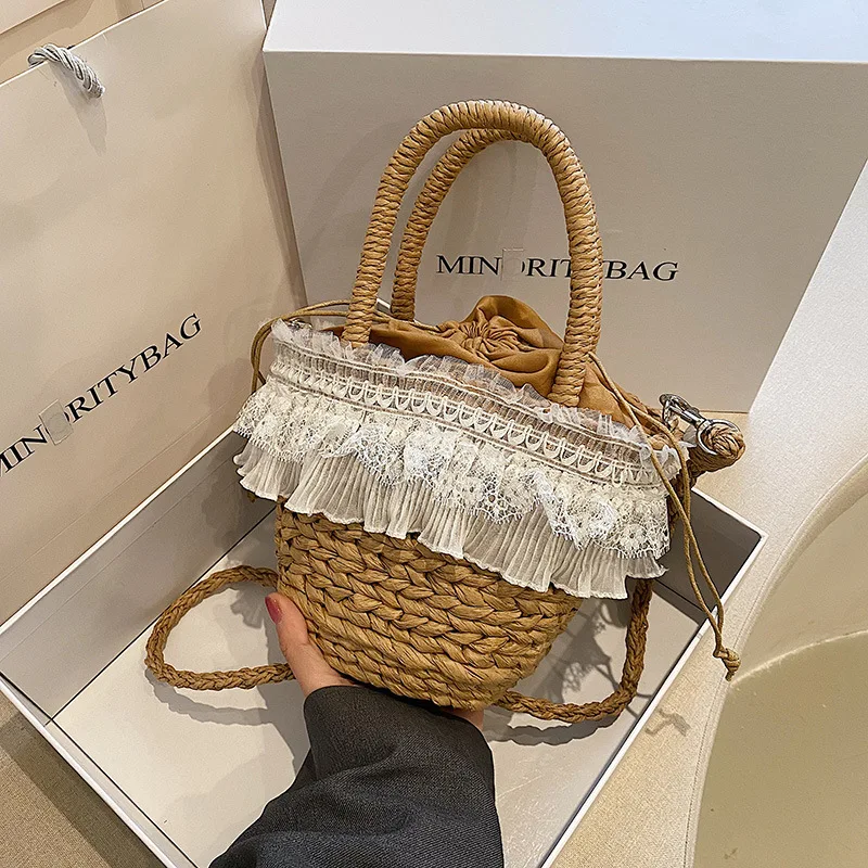 

Summer Woven Straw Bags for Women Lace Handmade Rattan Beach Handbag Travel Bohemia Bucket Female Elegant Shoulder Crossbody Bag