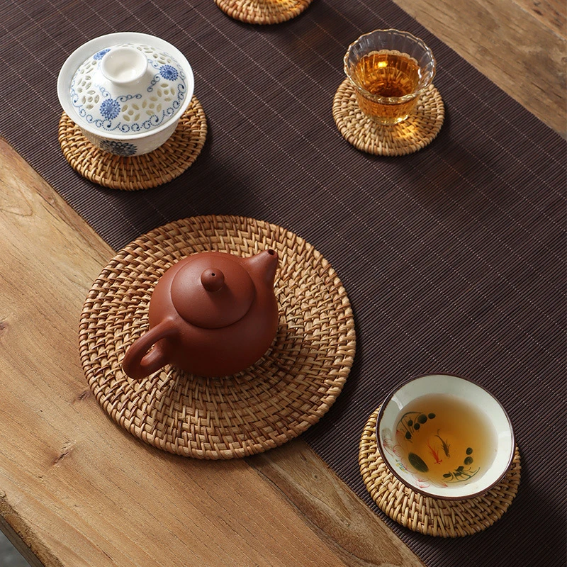 LuanQI-Natural Round Rattan Coaster, Hand Made Cup Mat, Tea Coffee Mug, Drinks Holder, Tableware Decor, Insulation Pads, 1Pc