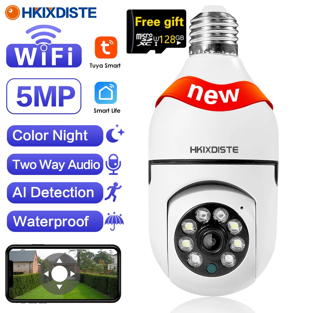 5MP Tuya Smart Wireless Rotate Human Detection Panoramic Camera Light Bulb Wifi PTZ IP Cam Color Night Vision Security Cameras