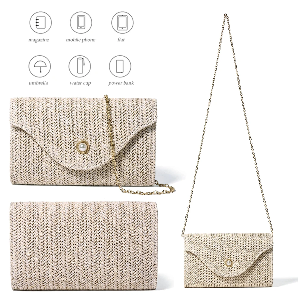 

Women Straw Woven Bag Woven Envelope Shoulder Bag Chain Strap Stylish Crossbody Bag Pearl Decor Chic Hobo Bag Summer Beach Bag