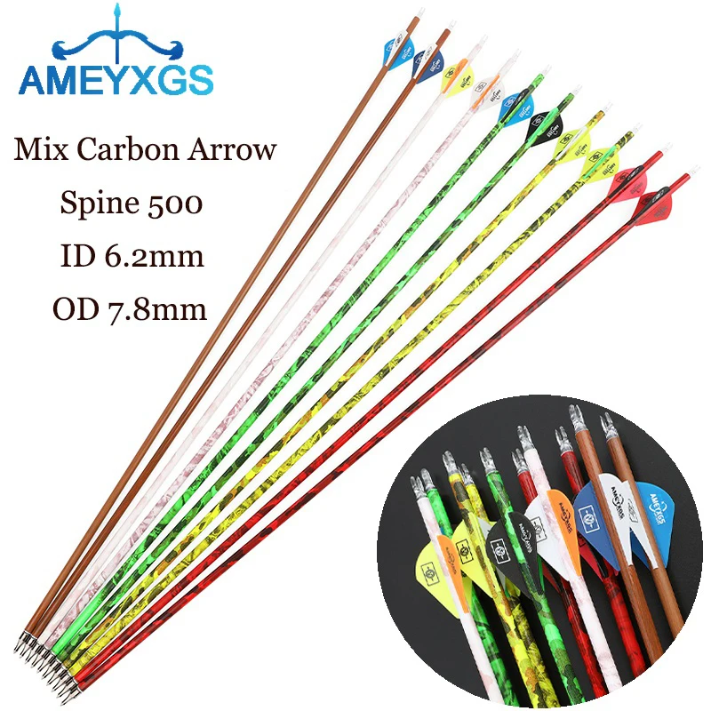 30 Inch Spine 500 Carbon Arrows Archery Hunting Arrow ID6.2mm for Outdoor Recurve Bow/Compound Bow Shooting Accessories 6/12pcs