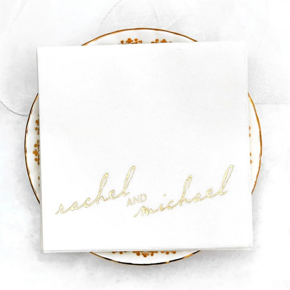 Personalized Names Cocktail Napkin - Vintage Modern Script Napkin- Foil Stamped, Linen Like Party Napkins, Wedding,  Guest Towel