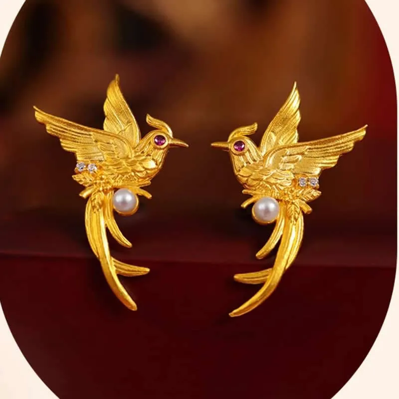 

New 24K Yellow Gold Earrings Women 999 Gold Pearl Phoenix Stud Earrings