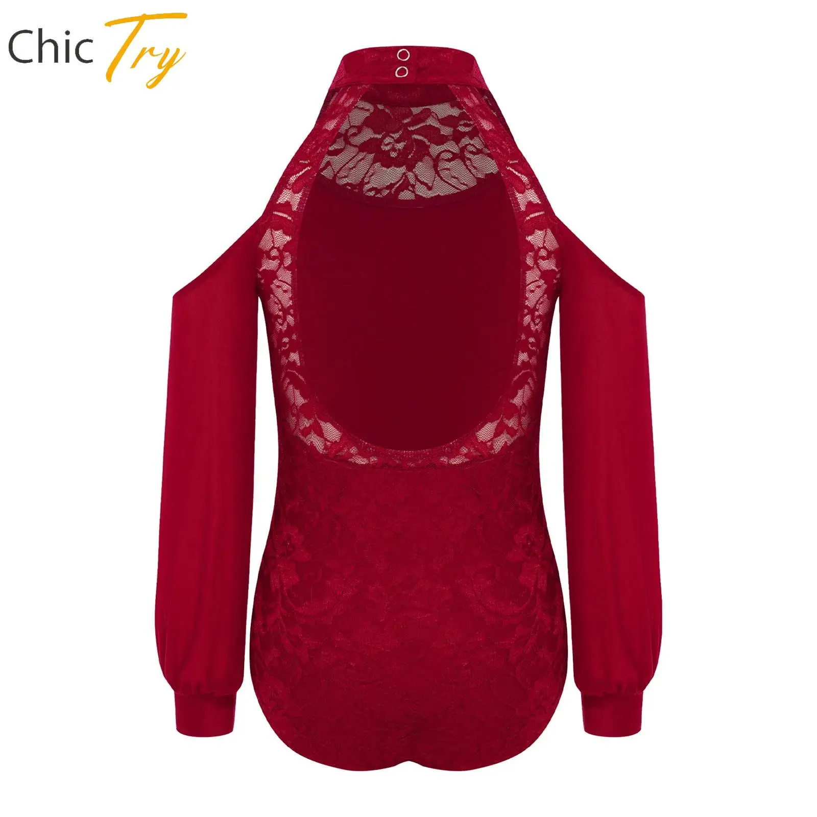 

Girl's Cold Shoulder Cutout Back Figure Skating Bodysuits Long Sleeves Lace Ballet Dance Gymnastics Leotards One-piece Swimsuits